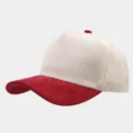 Close-up view of the two-tone baseball cap featuring red suede brim and beige high crown. - Adjustable / Beige Body With Burgundy Brim