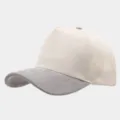 Close-up detail of the beige and grey suede panel baseball cap, minimalist two-tone design. - Adjustable / Beige Body With Light Gray Brim