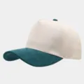 Detailed view of the colorblock suede baseball cap, showing the two-tone panel stitching. - Adjustable / Beige Body With Dark Green Brim