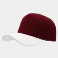 Close-up view of the color block suede baseball hat, stylish five-panel trucker design. - Adjustable / Burgundy Body With White Brim