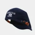 Detailed view of a dark blue canvas newsboy cap with embroidery and leather buckle accent. - Adjustable / Navy Blue