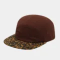 Detailed view of the 5-panel flat brim hat with solid brown crown and leopard print visor. - Adjustable / Coffee
