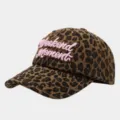 Stylish leopard print baseball cap with pink embroidered text detail for women street style daily wear. - Adjustable / Baseball Cap Style
