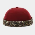 Retro leopard print patchwork docker cap, unisex street style brimless hipster beanie hat. - Adjustable / Burgundy