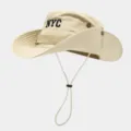 Japanese style outdoor bucket hat with adjustable drawstring and cool NYC embroidery design. - Beige