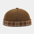 Brown denim sailor cap detail, vintage plaid brim design, street style brimless hat. - Adjustable / Khaki