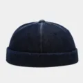 Classic washed denim docker hat detail view, premium cotton fabric, retro brimless design. - Adjustable / Navy Blue (DZM299) / Navy Blue