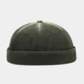 Washed denim docker cap for men and women, vintage brimless sailor hat with retro street style. - Army Green