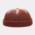 Detailed view of vintage washed denim docker cap, brimless retro miki hat with gradient color. - Brick Red