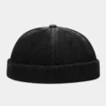 Black washed denim docker cap detail, brimless street style hat closeup showing texture. - Adjustable / Black (DZM299) / Black