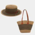 Detalles del elegante sombrero de paja y bolso grande a juego, perfectos para el verano. - Talla única / Sombrero de Paja + Bolso / Caqui con Rayas Negras