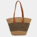 Bolso tote de paja tejido para mujer elegante con rayas negras asas marrones capacidad grande - Talla única / Bolso / Caqui con Rayas Negras