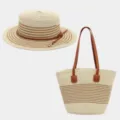 Set de sombrero de paja y bolso tote con detalles de cuero marron para proteccion solar. - Talla única / Sombrero de Paja + Bolso / Beige