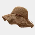 Geweven holle strooien emmerhoed voor dames met bruine strikriem voor zomerstrand zonbescherming - Eén maat / Khaki