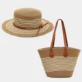Conjunto de sombrero de paja y bolso grande elegante para mujer, ideal verano playa. - Talla única / Sombrero de Paja + Bolso / Caqui con Rayas Beige