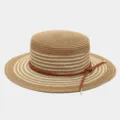 Vista detallada del sombrero de paja para mujer con rayas y cordón de cuero elegante. - Talla única / Sombrero de paja / Caqui con Rayas Beige