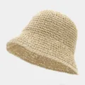 Detail shot of the breathable hollow straw bucket hat, showing fine woven texture for summer. - One Size / Beige