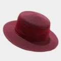 Detailed shot of a wine red flat top straw hat featuring a wide fabric ribbon decoration. - M (56-58cm) / Dark Red And Burgundy Ribbon