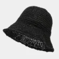 Detailed view of the black woven straw bucket hat texture, breathable summer beach sun hat. - One Size / Black