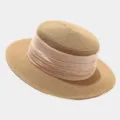 French vintage flat top straw hat with wide ribbon detail, summer beach sun protection hat. - M (56-58cm) / Khaki And Beige Ribbon