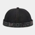 Retro washed denim docker cap for men, brimless sailor hat with stylish printed cuff. - Adjustable / Black