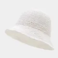 Detailed close-up of white hollow straw bucket hat, breathable texture summer sun hat. - One Size / White