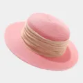 French retro flat-top straw hat for women summer beach sun hat with wide ribbon decoration - M (56-58cm) / Pink And Beige Ribbon