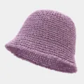 Close-up of the breathable hollow-out straw bucket hat texture, lightweight summer beach style. - One Size / Light Purple