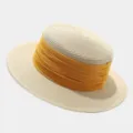 Close-up of French vintage flat top straw hat with yellow ribbon for beach summer sun protection. - M (56-58cm) / Beige And Yellow Ribbon