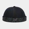 Stylish denim docker cap for men, retro brimless sailor hat with unique patterned cuff. - Adjustable / Navy Blue