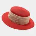 French vintage flat top straw hat detail, elegant red woven straw with wide beige ribbon. - M (56-58cm) / Red And Beige Ribbon