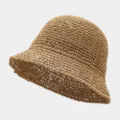 Detailed view of the summer breathable hollow straw bucket hat in chic khaki color texture. - One Size / Khaki