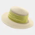 Detail shot of a French retro flat-top straw hat featuring a wide light green ribbon accent. - M (56-58cm) / Beige And Neon Green Ribbon
