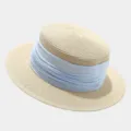 French vintage flat top straw hat for women summer beach sun protection with wide blue ribbon - M (56-58cm) / Beige And Light Blue Ribbon