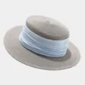 French vintage flat top straw hat for women, summer beach sun hat with wide ribbon decor. - M (56-58cm) / Grey And Light Blue Ribbon