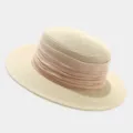 Close-up detail of the French vintage flat top straw hat with wide ribbon for summer beach wear. - M (56-58cm) / Beige And Beige Ribbon