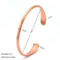 Detail view of the pure copper open cuff bracelet, showing smooth surface and clear dimensions. - 99.99% / Copper