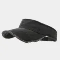 Distressed black sun visor cap detail, washed denim fabric texture, casual outdoor sports hat. - Adjustable / Washed Black