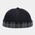 Retro denim docker cap with plaid brim, casual streetwear brimless hat for men and women. - Adjustable / Navy Blue