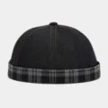 Vintage black denim docker hat with plaid brim, retro streetwear unrimed sailor cap for men women. - Adjustable / Black