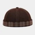 Vintage denim docker cap with plaid brim, retro street style roll watch cap detail. - Adjustable / Coffee
