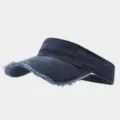 Detailed close-up of dark blue washed denim sun visor featuring frayed distressed brim. - Adjustable / Washed Navy Blue