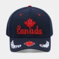 Detail view of the navy blue Canada 3D embroidered baseball cap with red maple leaf. - Adjustable / E Navy Blue