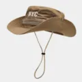 Khaki outdoor bucket hat with adjustable chin strap and white NYC letter embroidery. - Dark Khaki