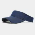 Detailed view of vintage denim empty top sun hat, contrast stitching and ethnic pattern brim lining. - Adjustable / Blue