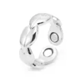 Silver magnetic open ring with leaf design, health therapy metal ring for daily wear. - 2 Magnets / Silver