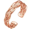 Rose copper woven open cuff bracelet, adjustable copper wire wristband for stylish women. - Smooth End Micro-Carved Style (6563)