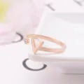 Fashion rose gold stainless steel V-shaped open ring with sparkling crystal for women daily wear. - Size 6 / Rose Gold