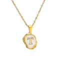 Gold stainless steel initial letter T necklace with mother of pearl pendant detail. - Letter T
