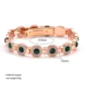 Rose gold magnetic copper bracelet detail view featuring green crystal stones and size specs. - Rose Gold (Green Moissanite)